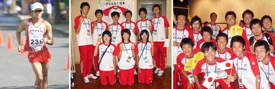 谷内選手（左）、競歩選手の皆さん（中）、日本選手団の皆さん（右）
